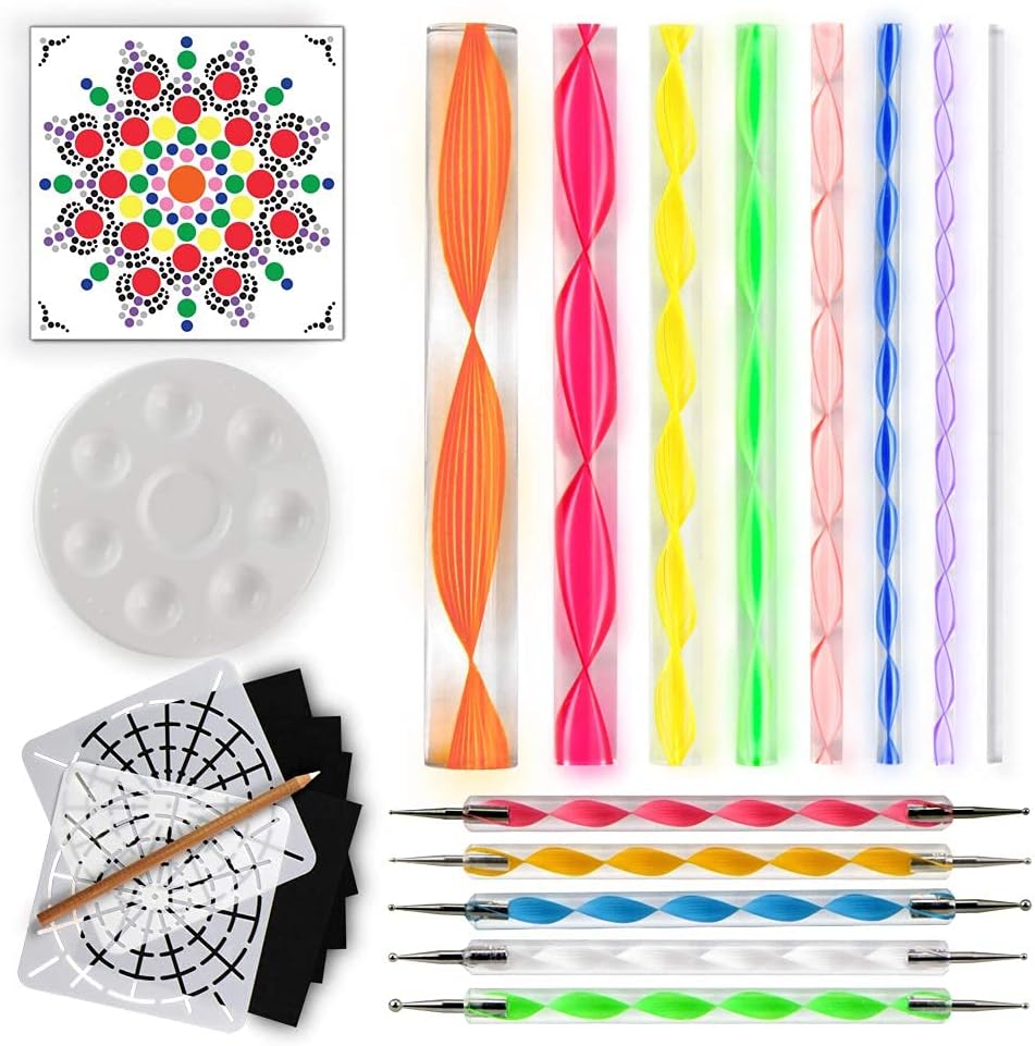Dazazzle Mandala Dotting Tools with Stencil, White Pencil, Paint Tray, Pattern for Painting Rocks