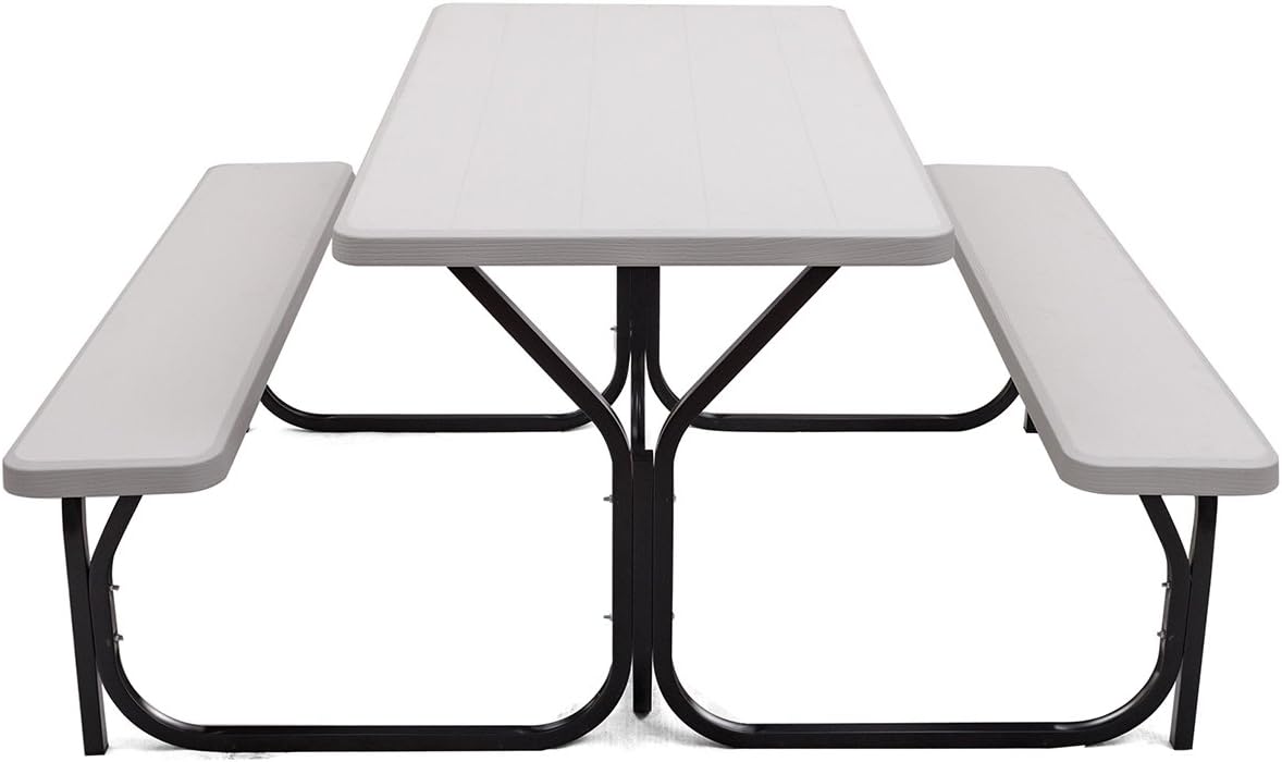 Giantex Picnic Table Bench Set Outdoor Camping All Weather Metal Base Wood-Like Texture Backyard Poolside Dining Party Garden Patio Lawn Deck Large Camping Picnic Tables for Adult (White): Kitchen & Dining