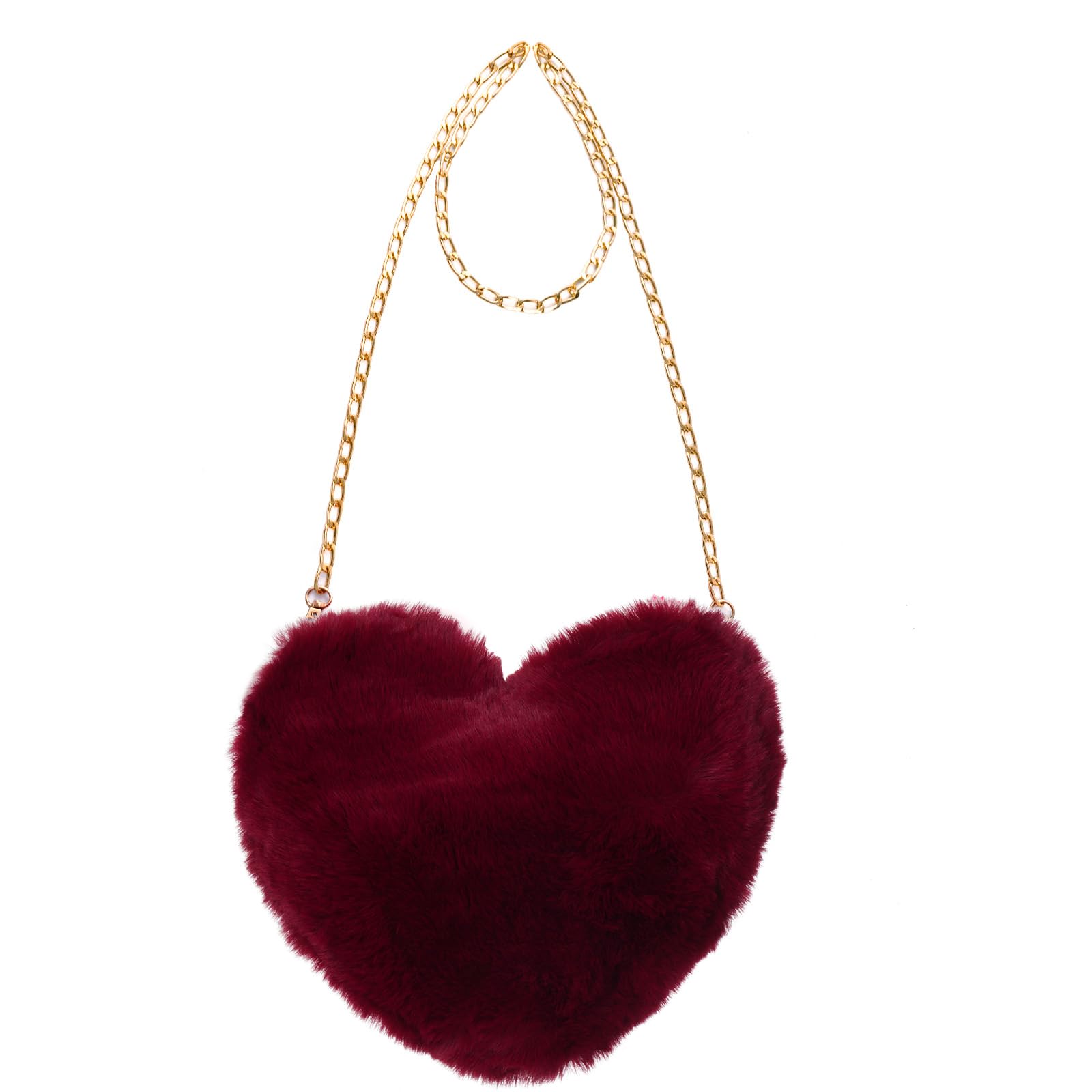 View 1 of **MISSING CHAIN** Heart Shaped Faux Fur Clutch Purse Fluffy Crossbody Shoulder Bag for Women Halloween Christmas Valentine Dark Red