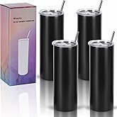 Wzaytia 4 Pack 20 Oz Straight Skinny Tumblers,Individually Gift Boxed Stainless Steel Slim Skinny Tumbler Set Bulk, 20 Oz Insulated Slim Thin Travel Tumbler Cup for Diy, Black