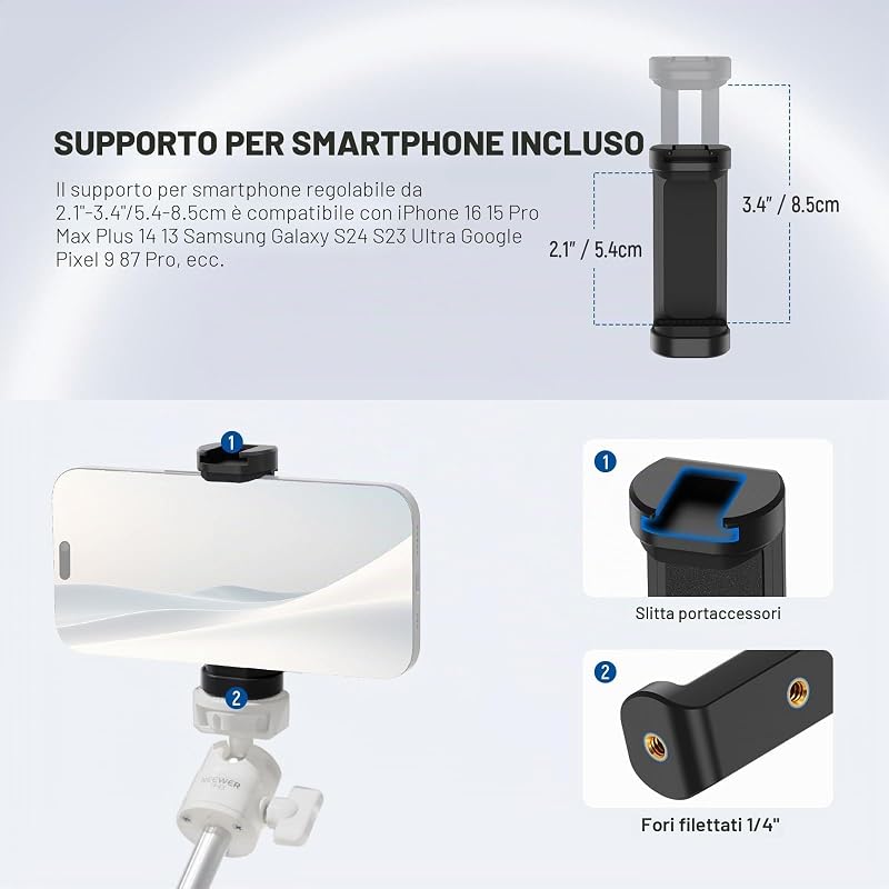BASICS Mini Treppiede da Tavolo Selfie Stick Compatibile con iPhone GoPro Insta360 DJI, Piccolo Tripode Cellulare Android Fotocamera Webcam con Testa a Sfera Asse Elevato per Video,TP43 Bianco
