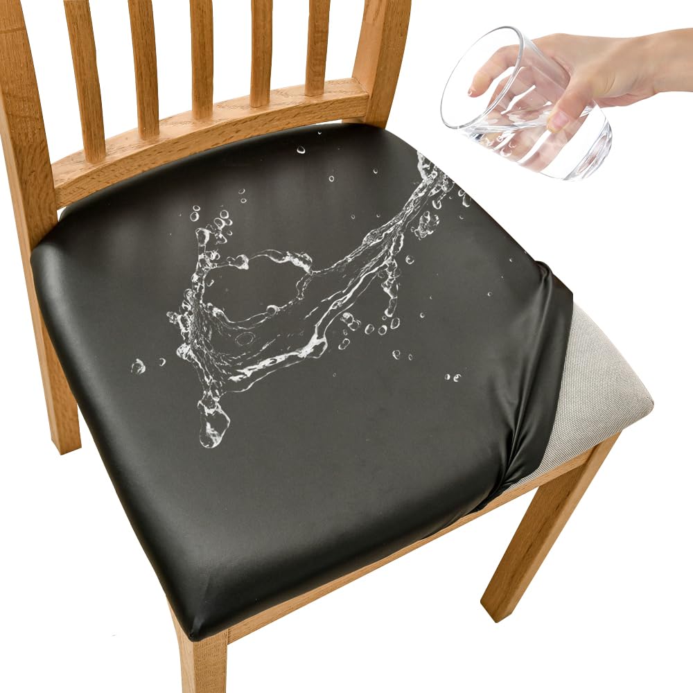 FANSU Dining Chair Seat Covers Set of 6, Black, Waterproof, Faux Leather, Modern Style with Non-Slip Elastic Bottom