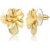 VOOTO Flower Stud Earrings for Women, Medium 16x17 mm (0.63x0.67 in), 14K Gold Plated, 3D Petal Teardrop, Nickel-Free