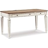 Signature Design by Ashley 60" Farmhouse Home Office Desk, Chipped White | Two-tone distressed finish, Wood and engineered wood, Built-in power, USB charging, Cottage writing desk, Realyn Series