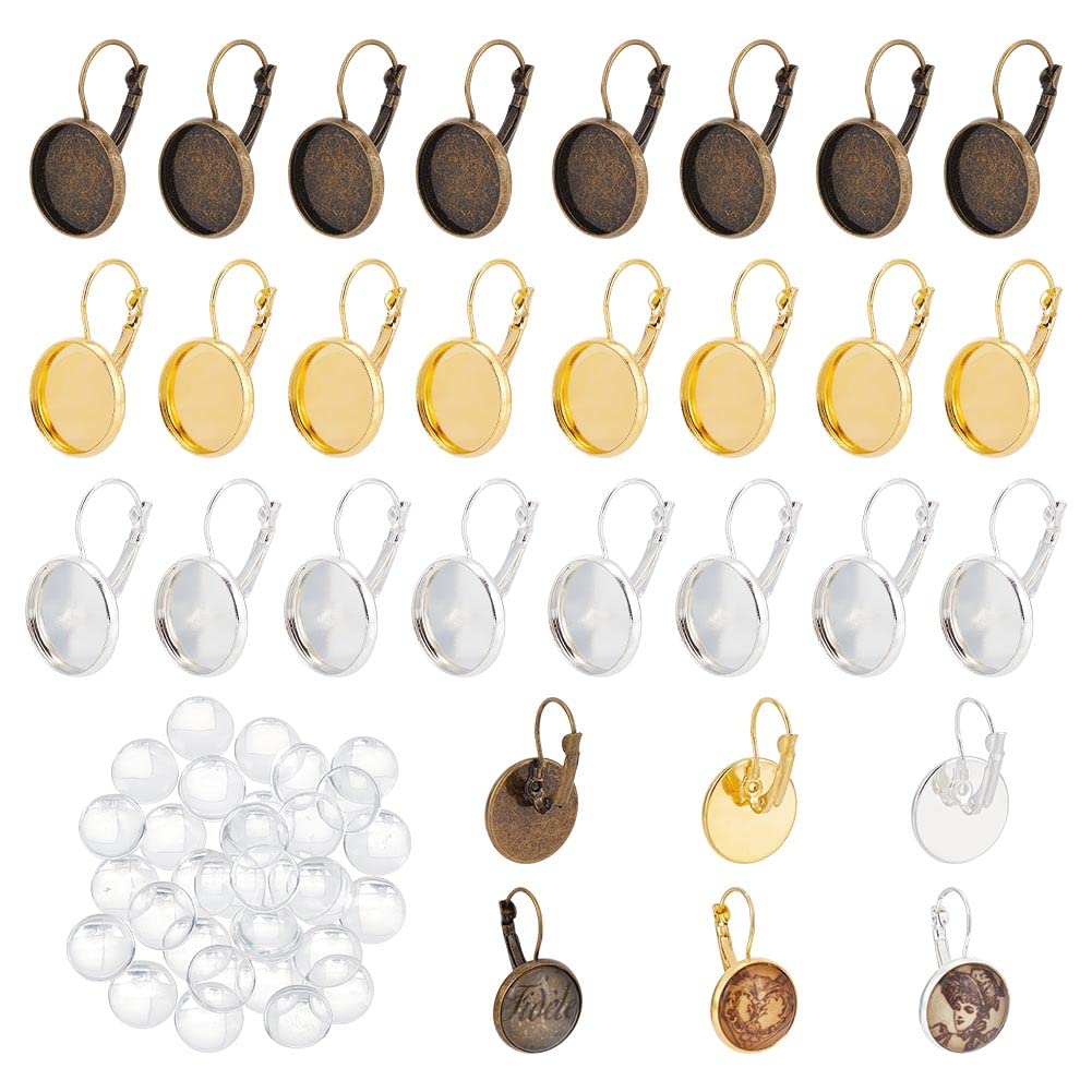 PandaHall Elite - 30 Sets 3 Colours Brass Earring Hooks with Glass Dome Cabochons Leverback Earring Backs, Tray: 16 mm