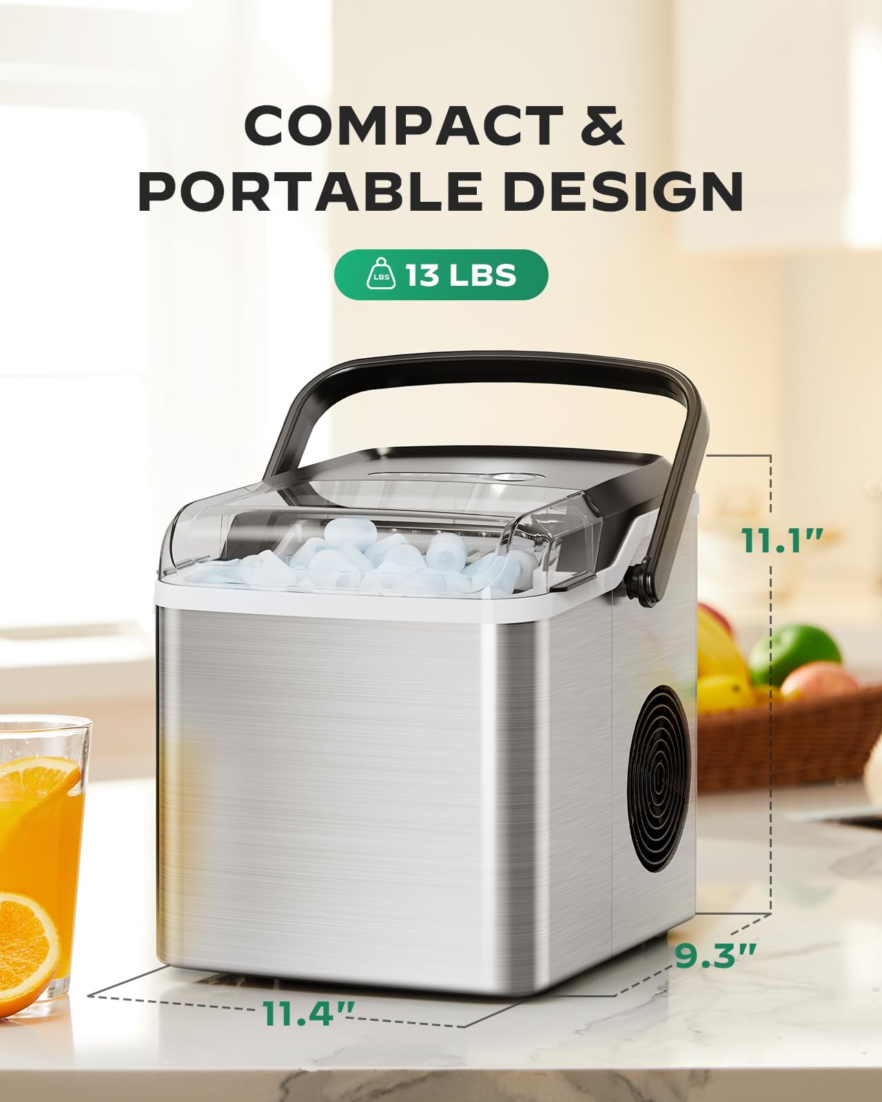 Silonn Countertop Ice Maker - 9 Cubes Ready in 6 Mins, 26lbs in 24Hrs, Portable Ice Machine with Self-Cleaning, 2 Sizes of Bullet Ice for Home/Kitchen/Party/RV, Stainless Steel
