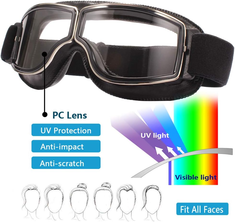 Ashilun Retro Pilot Motorcycle Goggles - Fog-proof Warm ATV Bike Motocross Glasses - Safety Goggles (Black Frame/Transparent Lens) - Image 5