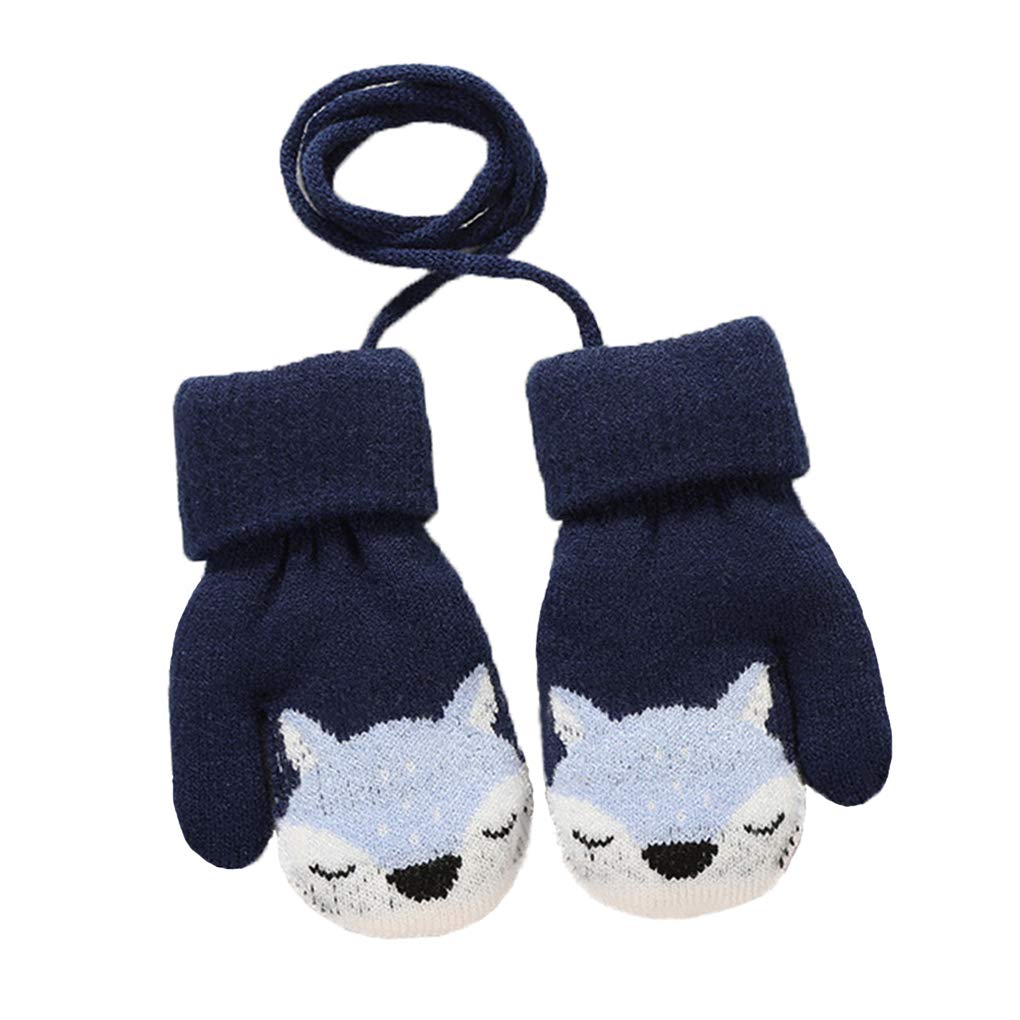 RUIXIA Kids Cute Cartoon Fox Warm Gloves with Hang Neck String Thicken Plush Knitted Gloves Super Soft Lining Full Finger Gloves Winter Thermal Mittens for 2-4 Years Old Boys Girls