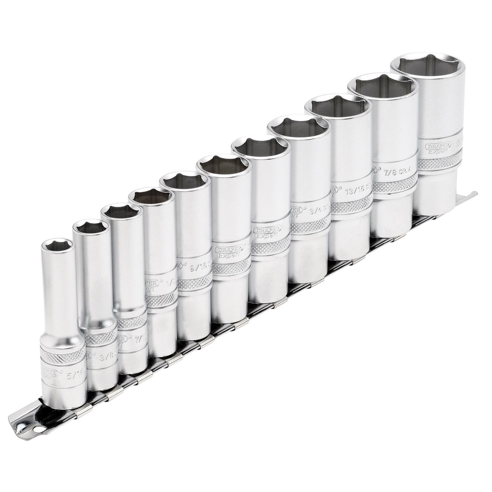 Draper 16495 3/8-Inch Square Drive Imperial Deep Socket 11 Piece Set On Metal Rail , Blue