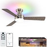 Ombrin 42 Inch Smart Ceiling Fan with Light, RGB Nickel Ceiling Fan, Alexa Compatible, Remote Control, 6-Speed Reversible DC Motor, Flush Mount Low Profile, Dimmable LED, Quiet Ceiling Fan for Bedroom