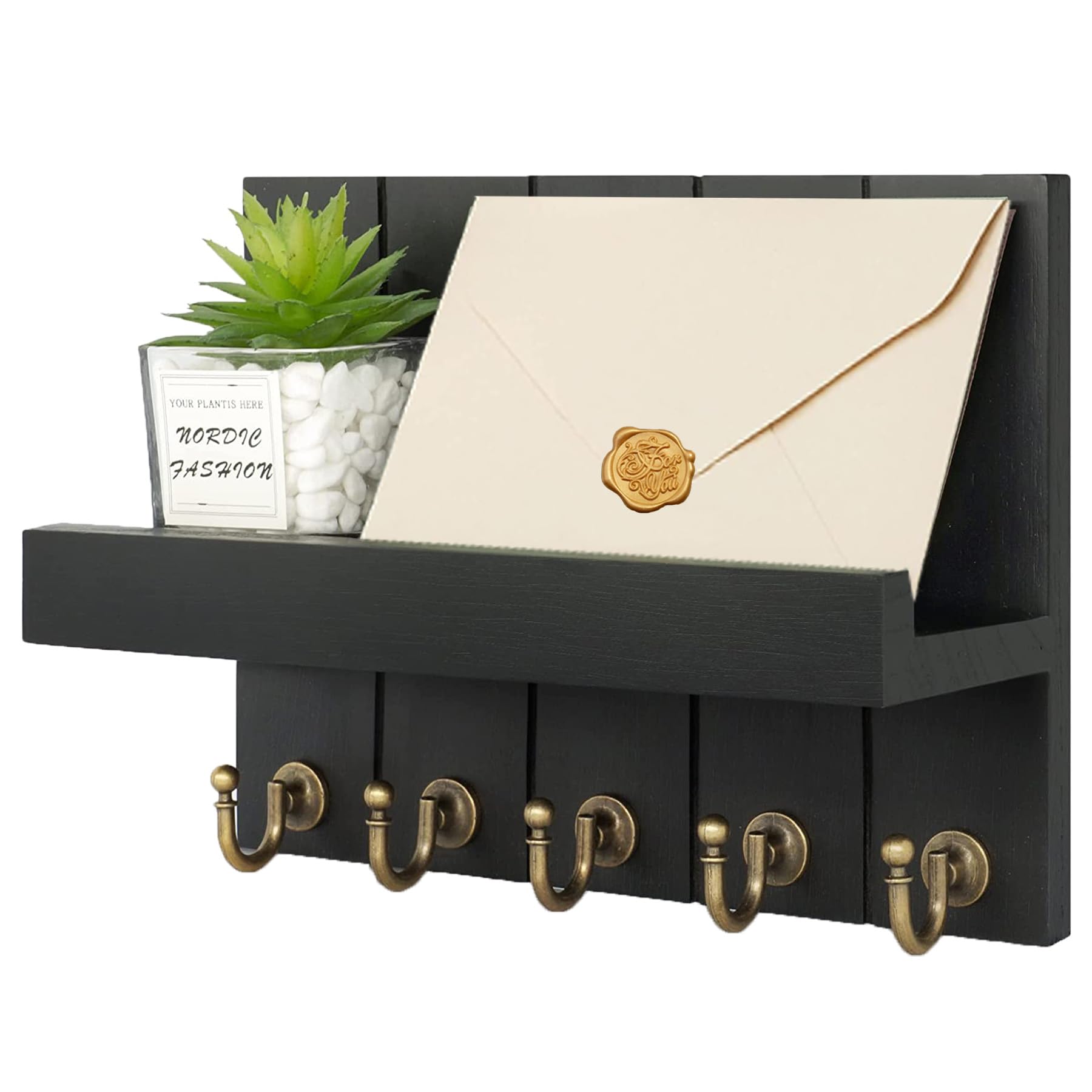 Baoswi Key and Mail Holder for Wall, Key Hanger with Shelf Wood Wall Shelf with Hooks - 5 Hooks for Decorative Retro Hanging Organiser Rustic Farmhouse Decor for Entryway (Black)