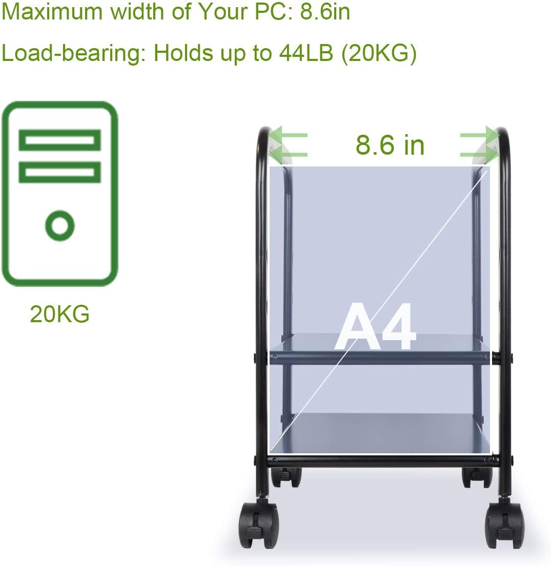 Computer Tower Stand, Desktop ATX-Case CPU Holder, Adjustable 2-Tier CPU Steel Rolling Stand, Mobile Tower Case Stand Cart with Locking Caster Wheels for Office Home (Black) : Office Products