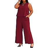 TOPSRANI Womens Plus Size 2 Piece Outfits Casual Lounge Sweatsuits Tracksuit Sleeveless Baggy Wide Leg Long Pants Sets