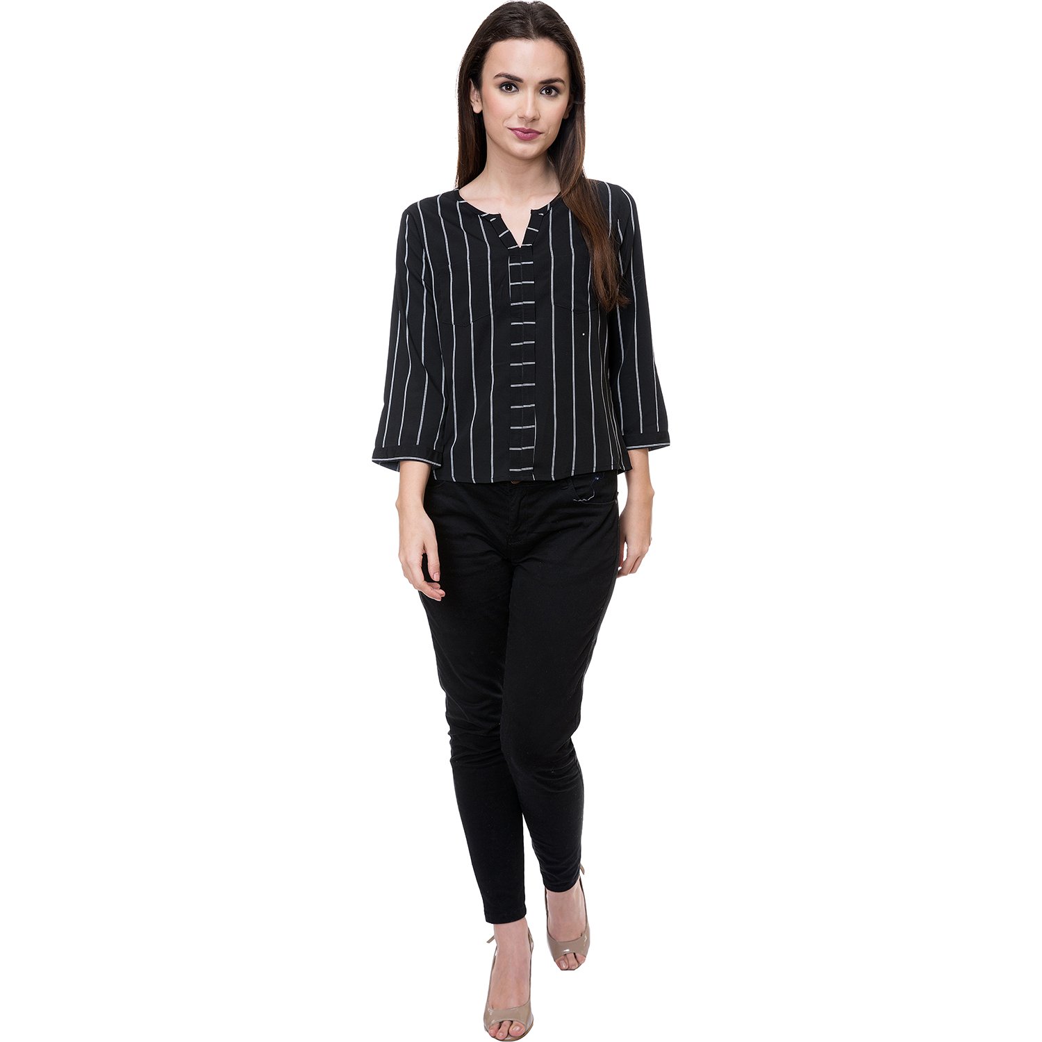deewa black & white polycrepe round neck casual tops for women