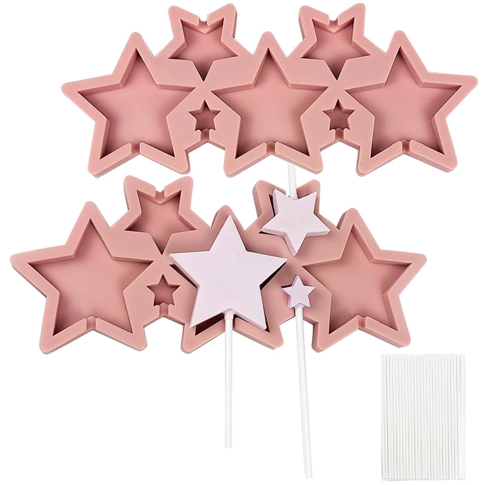 BFJ Star Lollipop Moulds 2 pcs Silicone Chocolate Lolly Mould 7 Cavity Lollipop Candy Molds with 25 Sticks(Star Size 5cm 3cm 2cm)