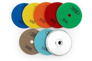 BGTEC 4" Dry Diamond Polishing Pads Set,7 Pieces Pads plus Aluminum Body Hook and Loop Backing Pad for Marble Stone Quartz Tiles Concrete Floor Edges Countertop Polishing