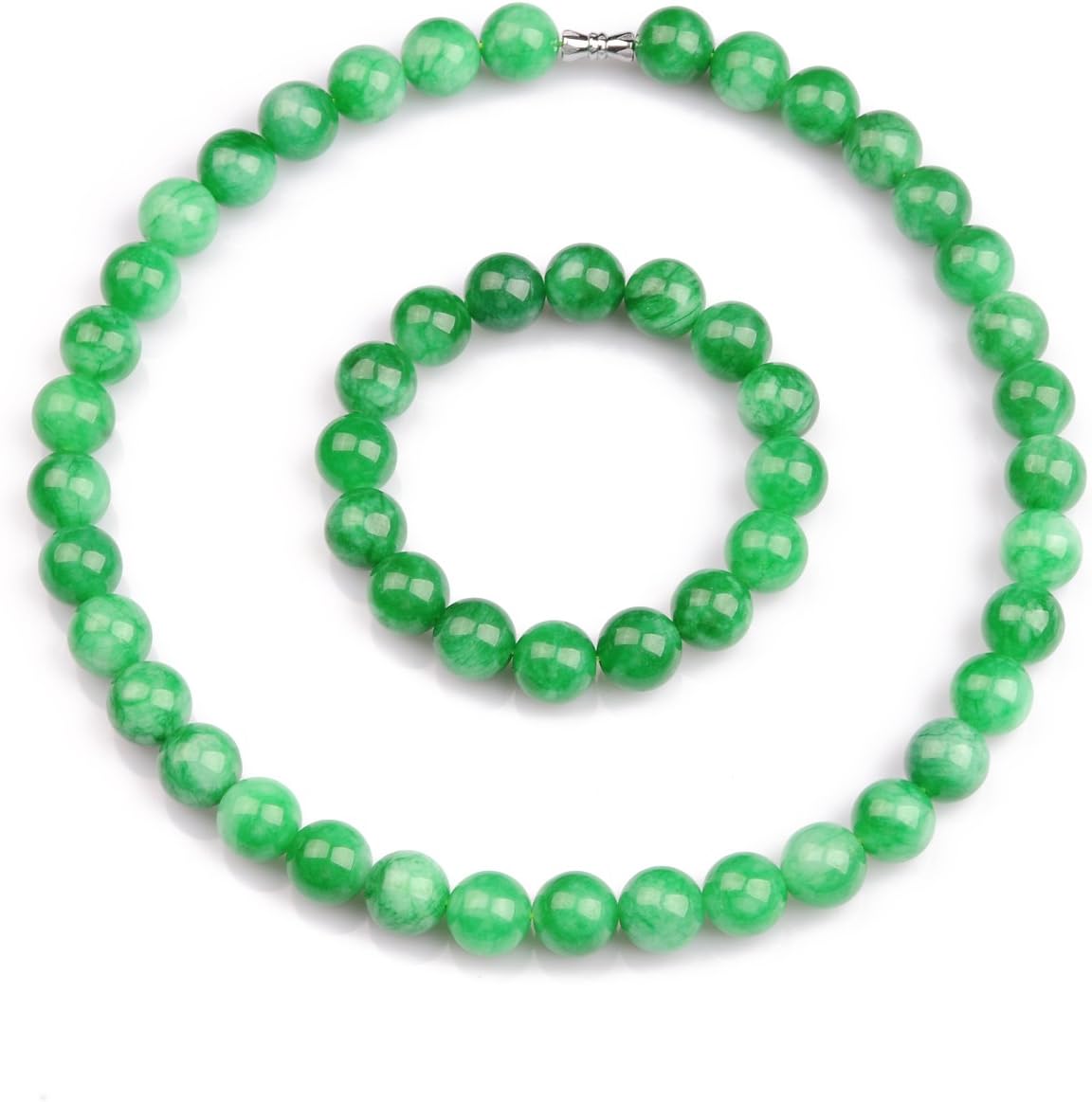 Hydia Stone Jewelry 12mm Round Korean Jade 18.5 Inch Necklace & 8 Inch Bracelet Set