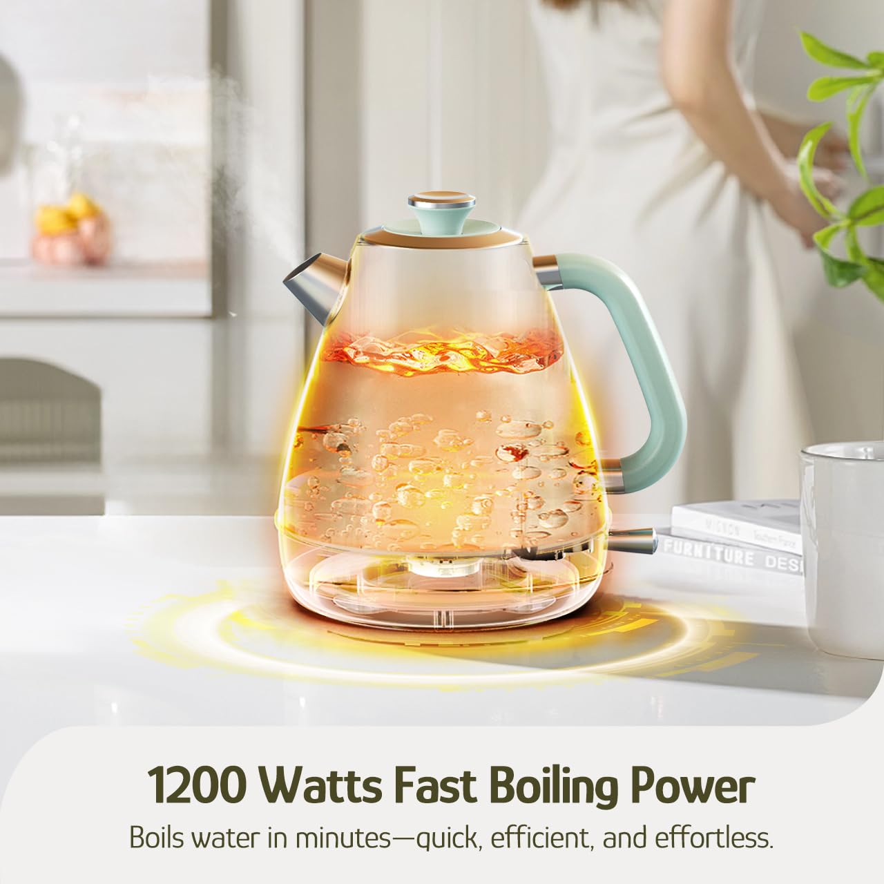 Hazel Quinn Hervidor eléctrico retro - Tetera de 1,7 litros / 57,5 ​​onzas con termómetro, totalmente de acero inoxidable, 1200 vatios de ebullición rápida, sin BPA, inalámbrico, apagado automático - Verde menta