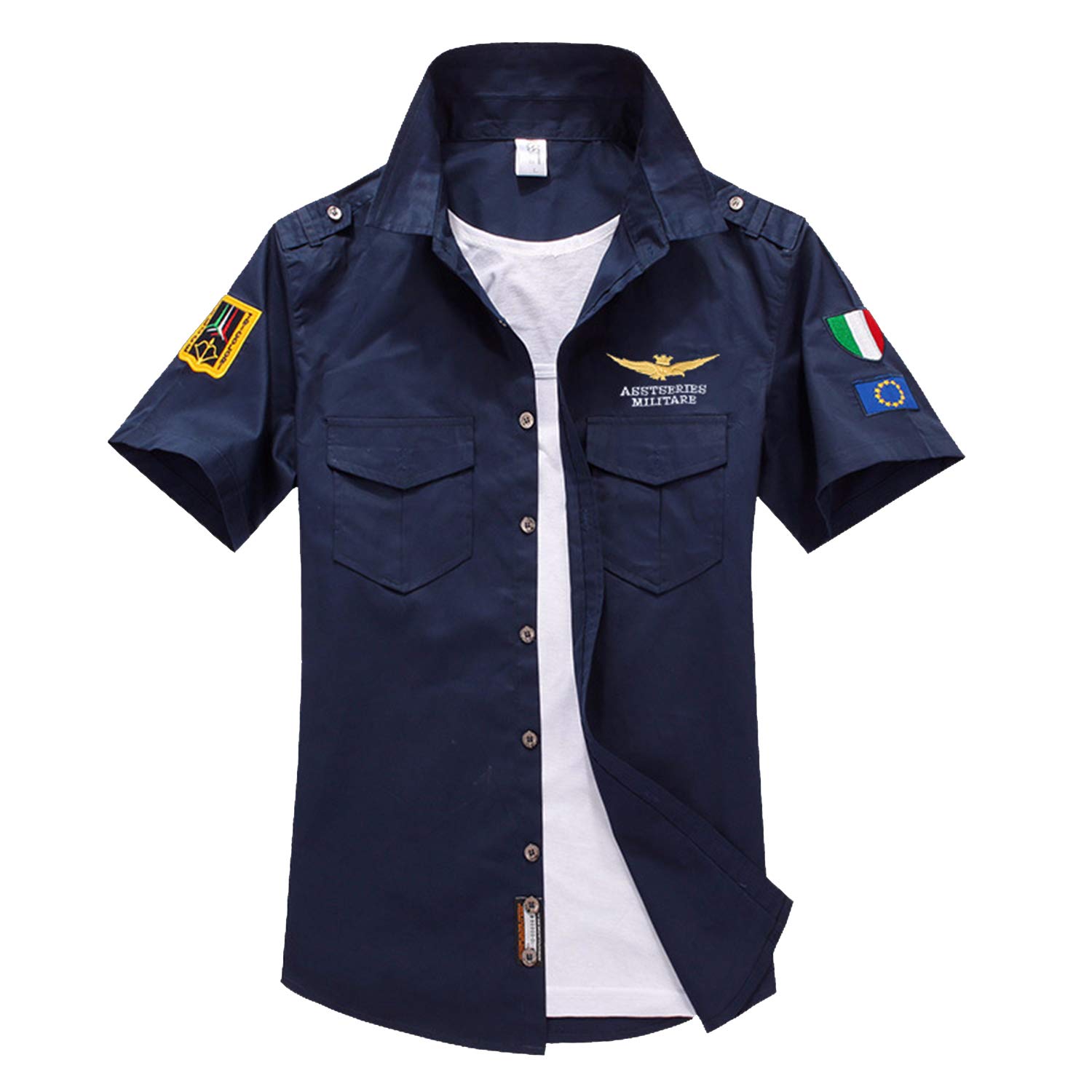 YOFUNY メンズ ミリタリー 半袖 シャツ オックスフォードシャツ ファッションユニフォーム 綿100% 新しい アウトドア スポーツ カジュアルウェア 細身 通気性 多色選択 S~4XL 001-shenlan-2xl