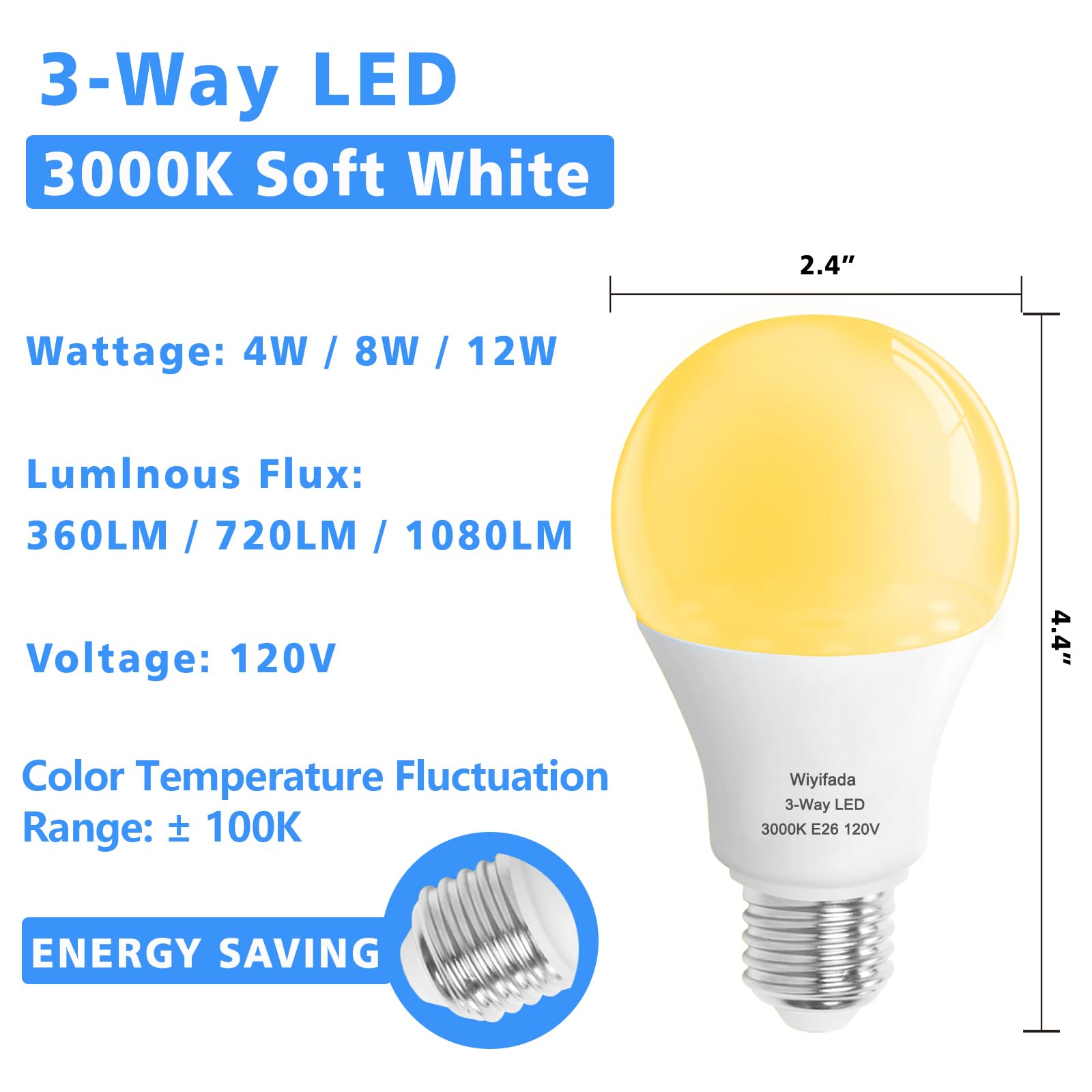 3 Way LED Light Bulbs 2 Pack, 3 Way Light Bulbs 30 70 100 Soft White 3000K,E26 Medium Base A19 Three Way Light Bulb, Indoor 3way Bulb for Reading