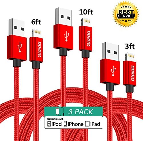 iPhone Charger Cord,Glaida Lightning Cable,3Pcs 3ft 6ft 10ft Extra Long Nylon Braided 8Pin Lightning to High Speed Charging USB Cable for iPhone7 Plus/7/6s Plus/6s/6 Plus/6,se/5s/5c/5,iPad (Red)