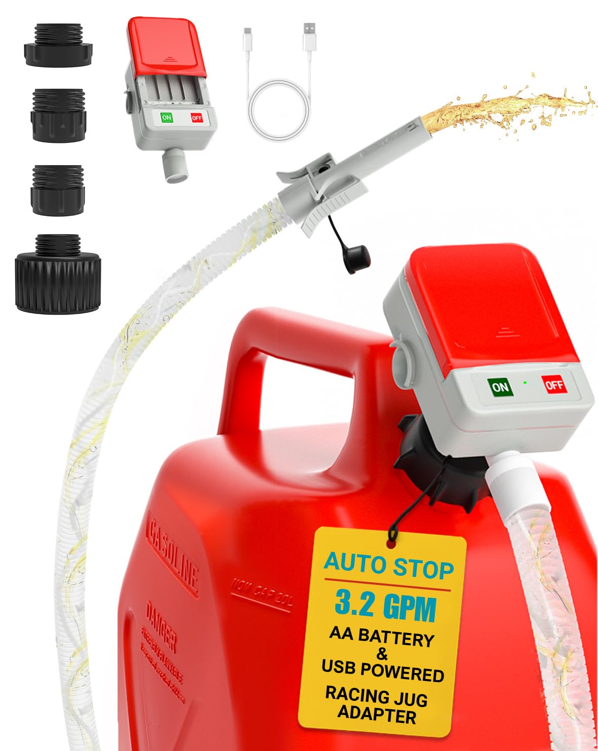 Photo 1 of Auto-Stop Fuel Transfer Pump, Battery or USB Powered Electric Gas Pump, 3.2 Gallon per Min Portable Pump for Gas Can with 51" Hose & 4 Adapters for Gasoline, Diesel, No-Spill Refueling, Gift for Men
