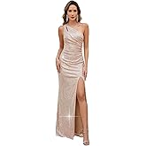 JALEC&LUXM Women's One-Shoulder Sequin Ruched Front Slit Open Back Ball Gown Cocktail Party Dress Evening Formal Dress