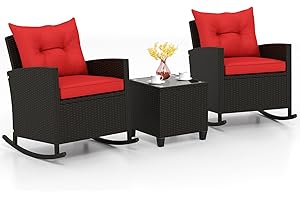 KOTEK 3 Piece Patio Furniture Rocking Bistro Set, Wicker Outdoor Rocking Chairs & Glass Table, PE Rattan Conversation Set for