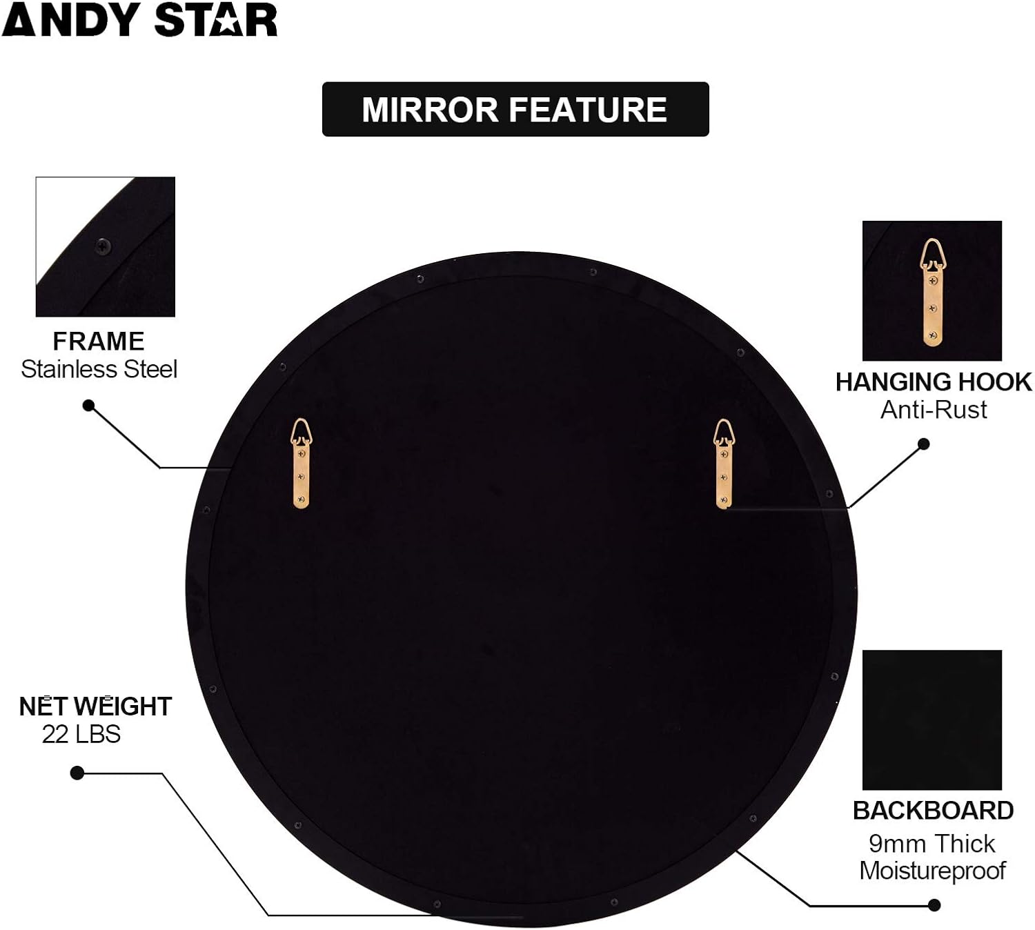 ANDY STAR Round Wall Mirror for Bathroom, 30 Inch Black Circle Mirror Modern Premium Stainless Steel Metal Frame Wall Mounted for Bathroom, Entryway, Vanity, Living Room, Bedroom: Kitchen & Dining