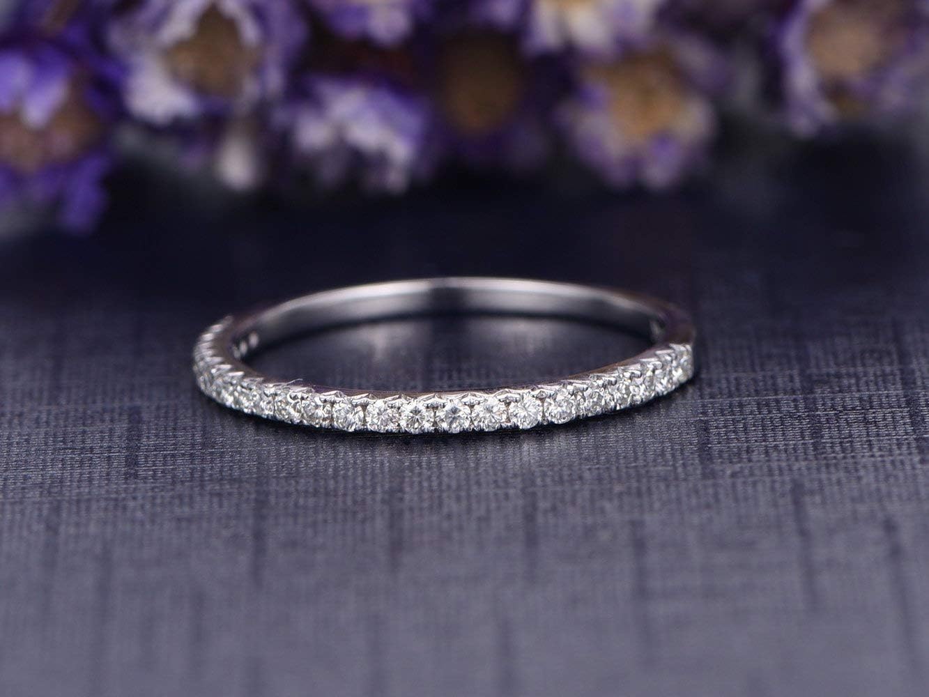 Petite V Pave Diamond Wedding Band,Half Eternity 14K White Gold Reco Bridal Promise Ring,Diamond Engagement Ring,Anniversary,Thin Band