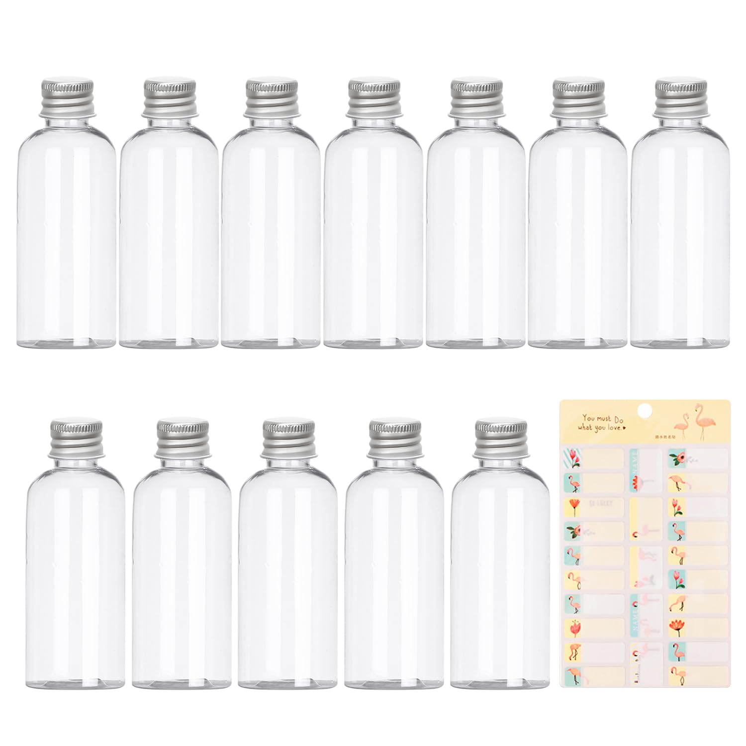 JTMKYO 12 Pcs Shot Bottles (60ml) with 1 Set Flamingo Stickers,Ginger Bottles with Lids,Plastic Bottles,Mini Alcohol Bottles,Suitable for Storing Various Liquids Such as Juice, Milk, Smoothies And More.