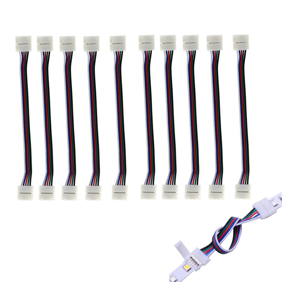 ZUCHINI LED Connector, RGBW 5 Pins 10 mm Wide Strip to Strip Jumper, 10-Pack, Solderless, Indoor and Outdoor, Multicolor, 150 LEDs, App Control, 6 Inch Cable, 216 Watts