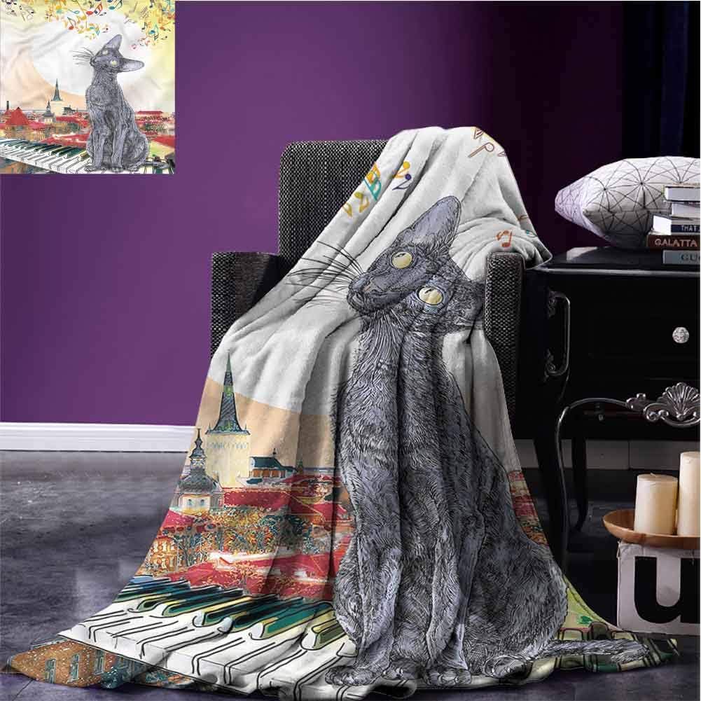 WinfreyDecor Cat Soft Blanket Flannel Throw Blanket City Skyline Kitty Piano Super Soft Extra Warm for Bedding W93 xL70
