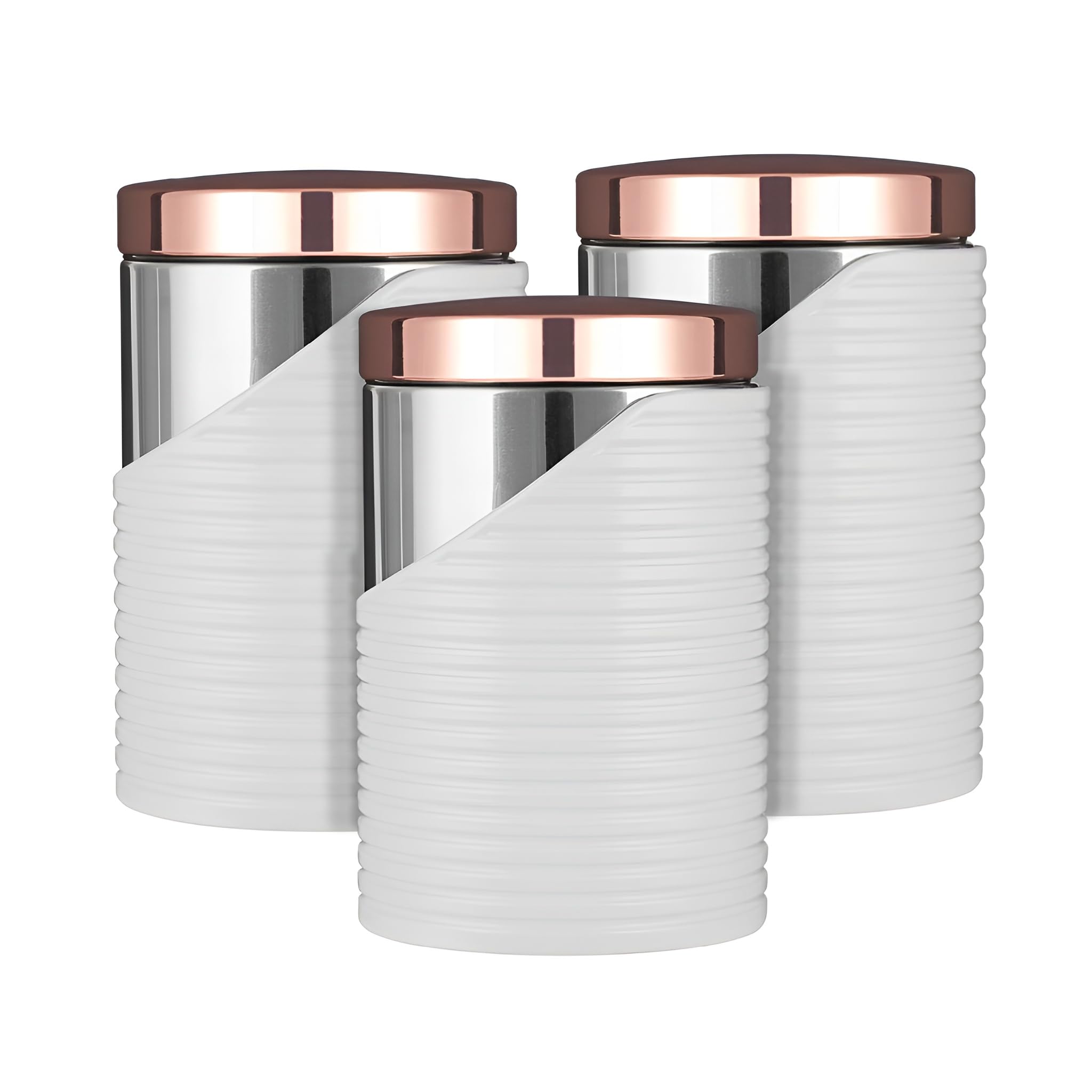 Tower Linear Set of 3 Canisters with Air Tight Lid and Polished Stainless Steel, White and Rose Gold, 11.6 x 11.6 x 17cm