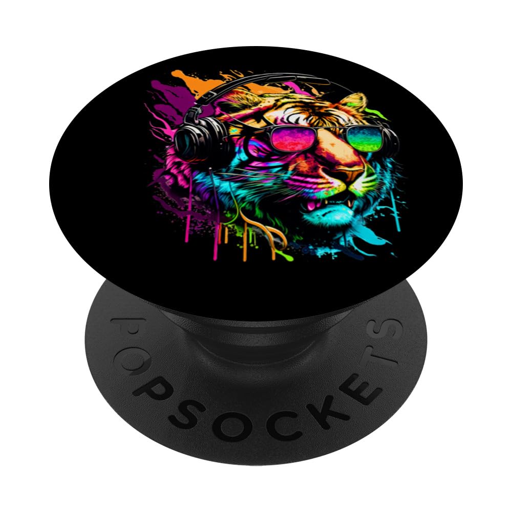 DJ Tiger with Sunglasses Headphones Music Funny Tiger PopSockets Swappable PopGrip
