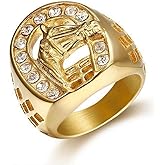 Lucky U-shape Horseshoe Ring for Men,Cubic Zirconia Horse Ring,Unique Cowboy Stainless Steel Gold Plated Ring Biker Vintage Simple Top Ring,Grunge Rocker Fashion Equestrian Jewelry