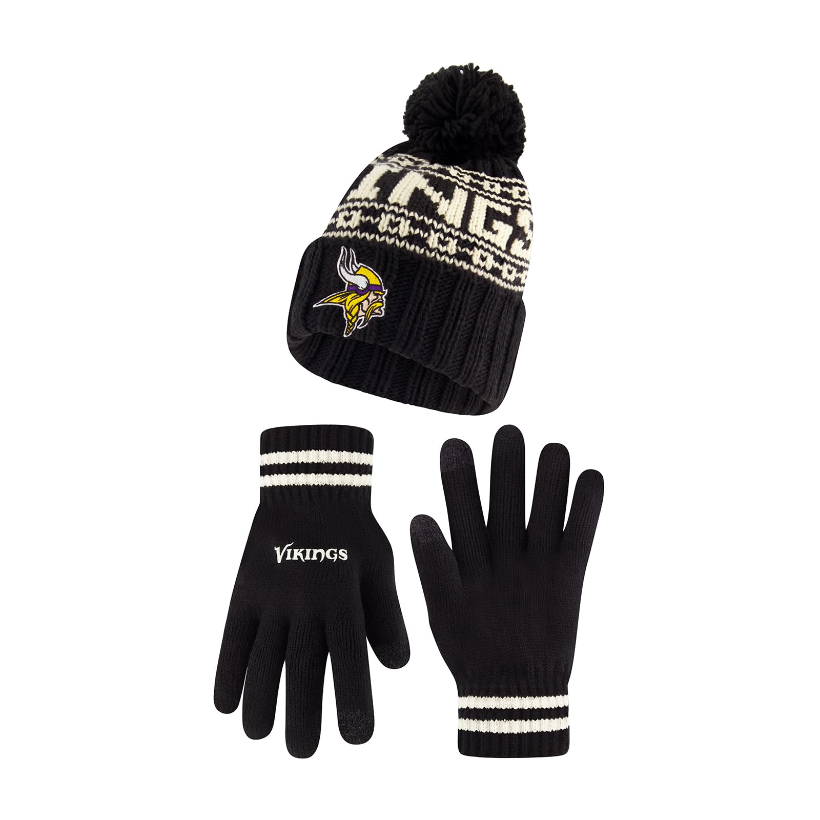 Ultra Game NFL Official Adults Super Soft Cable Knit Winter Beanie Knit Hat with Extra Warm Touch Screen Gloves, Minnesota Vikings, Black, 1SIZE Image