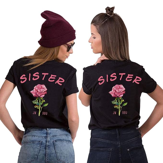 Best Friends Sister Shirt für Zwei Damen Mädchen Freund T-Shirts mit Rose BFF Tops Partnerlook Oberteil Freundschaft Geschenk
