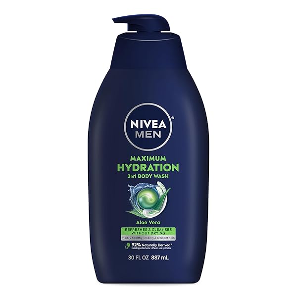 NIVEA MEN MAXIMUM HYDRATION BODY WASH FOR DRY SKIN, ALOE VERA ENRICHED, 3-IN-1 MOISTURIZING BODY WASH, FACE AND HAIR, PARABEN FREE, VEGAN FORMULA, 30 FL OZ BOTTLE