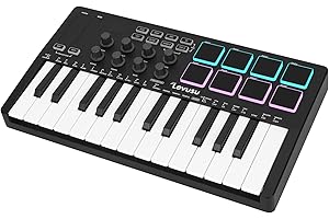 LEVUSU 25 Key Bluetooth USB MIDI Keyboard Controller With 8 Backlit Drum Pads, Portable Rechargeable Dynamic Keybed 8 Knobs and Music Production, Smart Chord, Scale Modes, Software Included (Black)