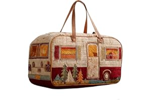 Retro Camper Quilted Duffle Bag Camping Trailer Travel Tote Men Women Road Trip Weekender Bag, 3D, 18*9*9 inch, Vintage