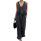 SweatyRocks Women's 2 Piece Outfits V Neck Ruffle Peplum Tank Top and Baggy Pants Matching Sets