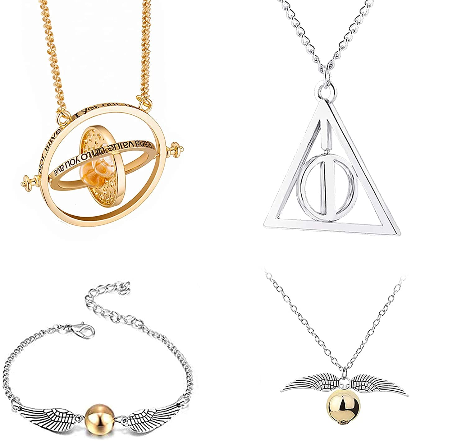 HCSUI Set of 4 Time Turner Deathly Hallows Golden Snitch Necklace and Bracelets for Fans Collection Halloween Cosplay
