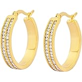 Edforce Stainless Steel Women's 2 Rows of AAA Cubic Zirconia Stones Outlined Classic Hoop Earrings