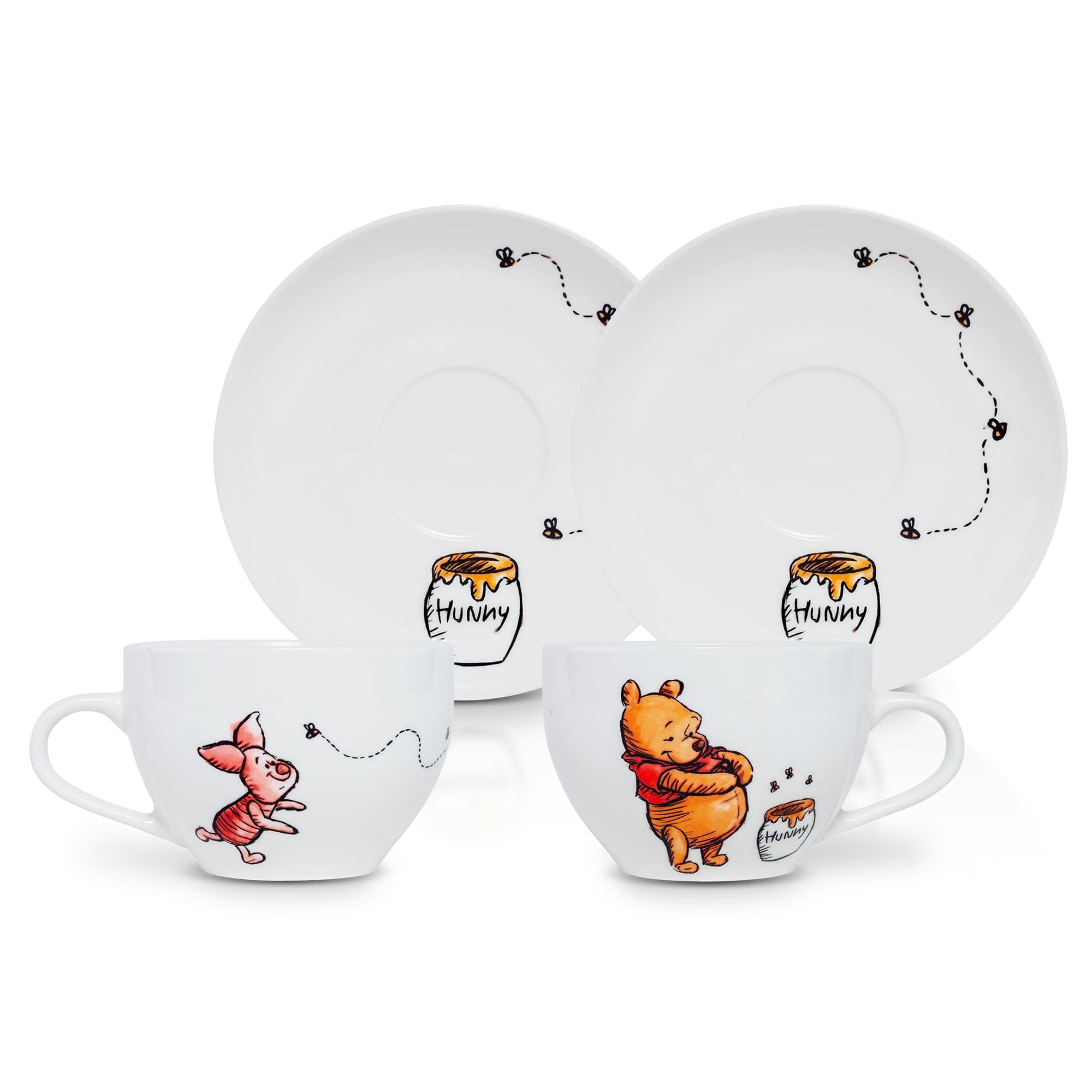 Disney Winnie the Pooh Bone China 4-Piece Teacup and Saucer Set | Tea Party With Coffee, Espresso, Mocha