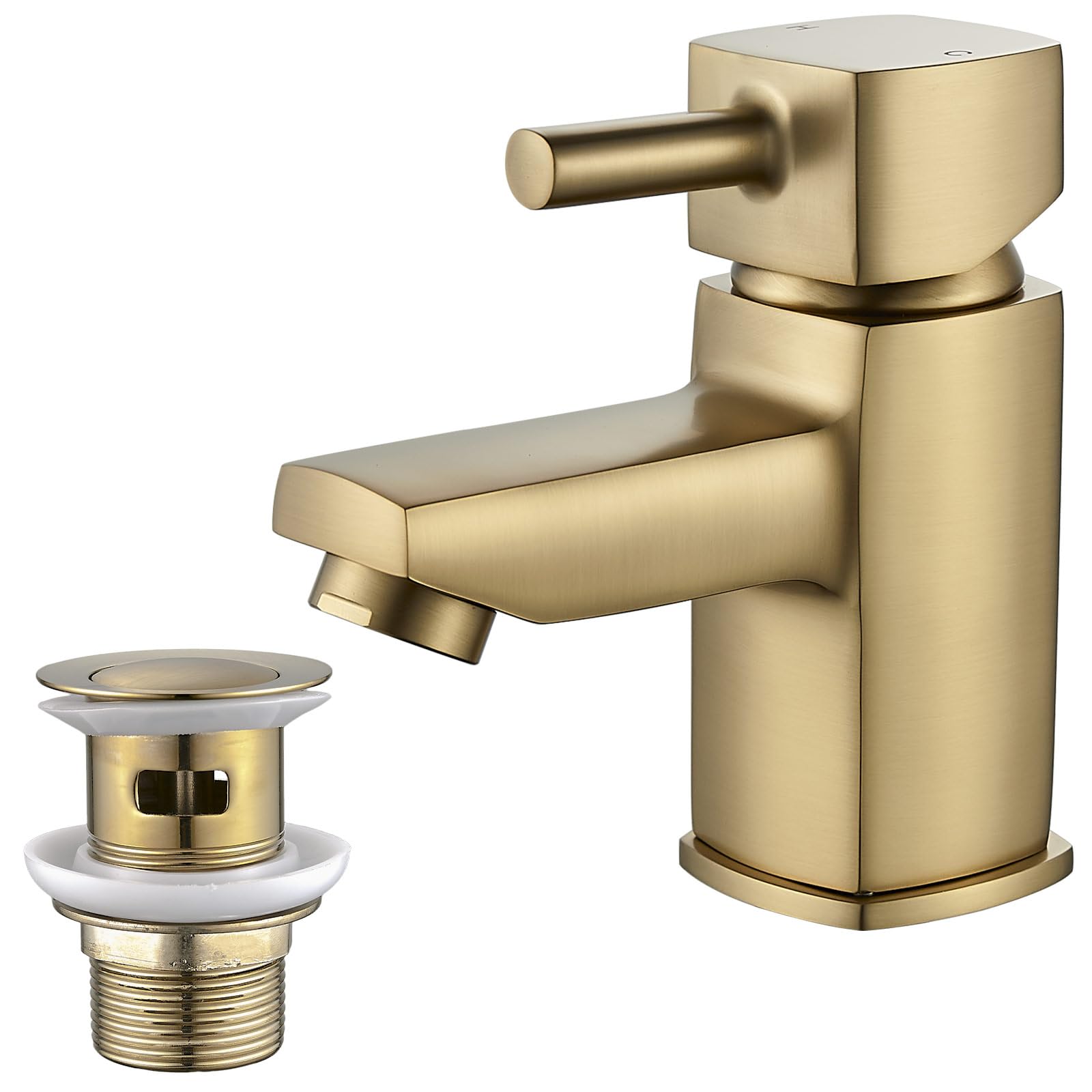 NewEast Basin Tap Square with Waste, Small Single Lever Bathroom Sink Mixer Taps, One Hole Brass Cloakroom Tap Brushed Gold