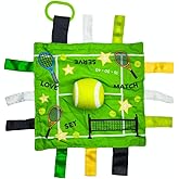 Baby Jack & Co 10x10” Tennis Sports Lovey Sensory Plush Blanket - Tag Toys for Babies - Baby Stroller Toys - Learn Shapes, Letters & Colors - Perfect MVP Baby Toy & Baby Sports Gift w/Stroller Clip