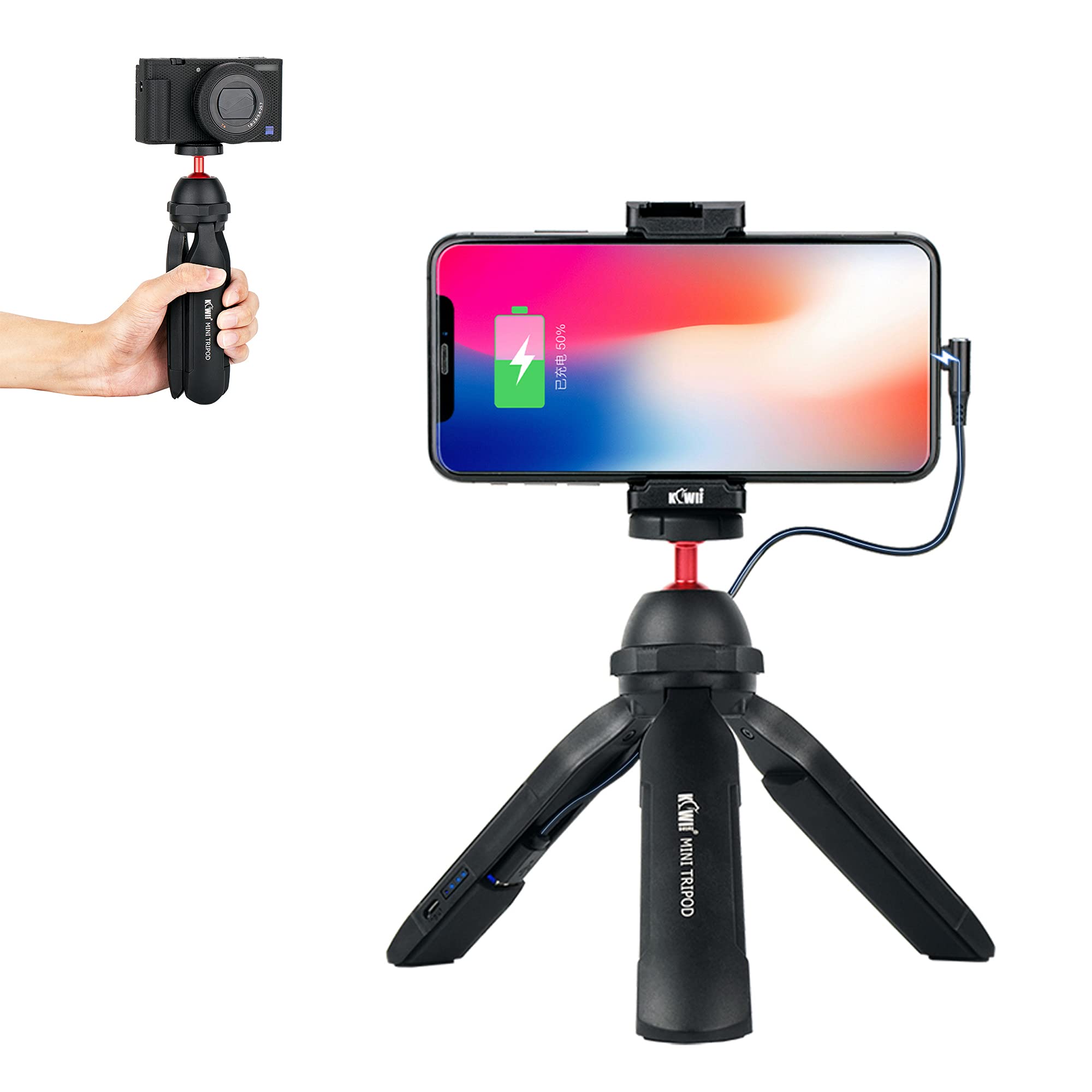 3300mAh Rechargeable Mini Desktop Tripod Handle Grip, Portable Vlogging Camera Tripod Handgrip for Sony ZV-1 ZV-E10 RX-100VII for Nikon Z fc, Cell Phone Tripod Stand with Clamp for i Phone 13 12 11