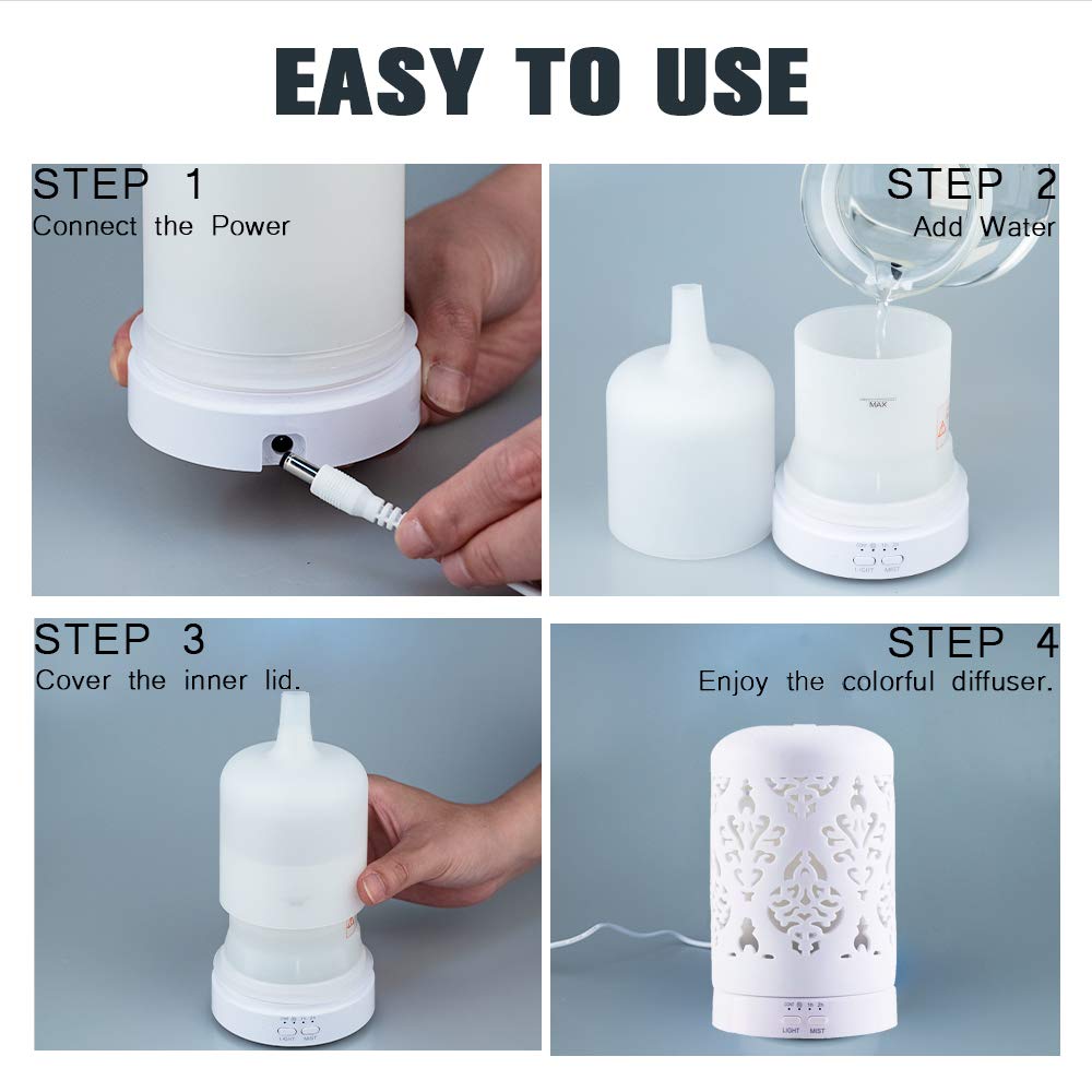 Essential Oil Diffusers White Aroma Ceramic Diffuser with 4 Timer Setting&7 Color LED Lights (Damask) : Beauty