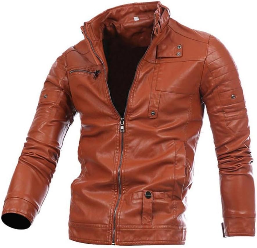 MEIbax Men top, Men Leather Jacket Autumn&Winter Biker Motorcycle Zipper Outwear Warm Coat (2XL, Brown)